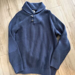 Duluth Trading Knit Pullover Sweater Blue Shawl Neck Buttons Wool Blend Size L